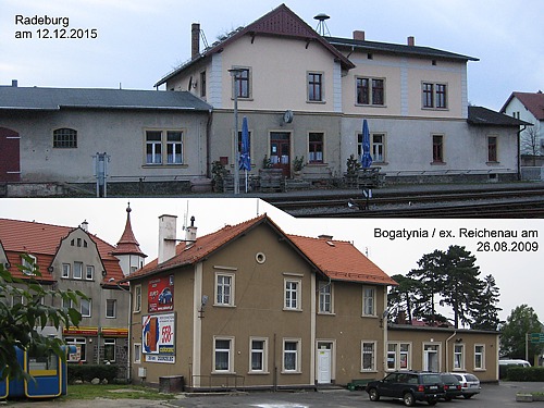 Dieser Fotovergleich zeigt die Empfangsgebäude von Radeburg und Bogatynia (ex. Reichenau, hier schon ohne Güterschuppen)
